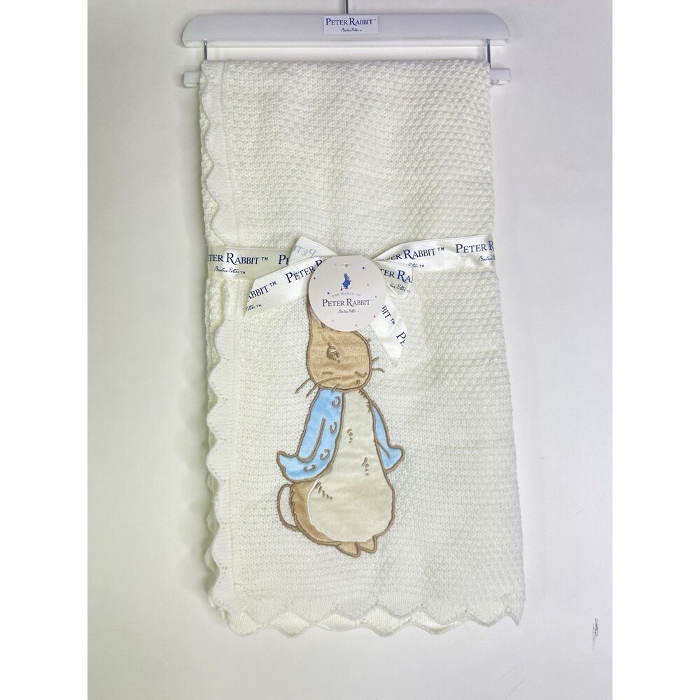 Peter Rabbit Applique Knit Baby Blanket Scallop Edge Beatrix NEW